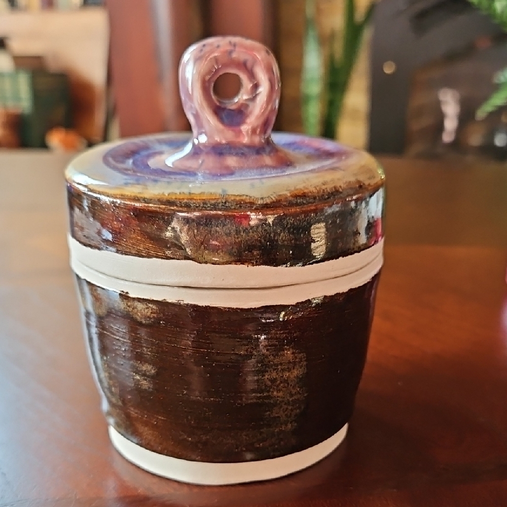 Stunning Handcrafted Lidded Ceramic Jar Brown and Purple, Artisan Signed